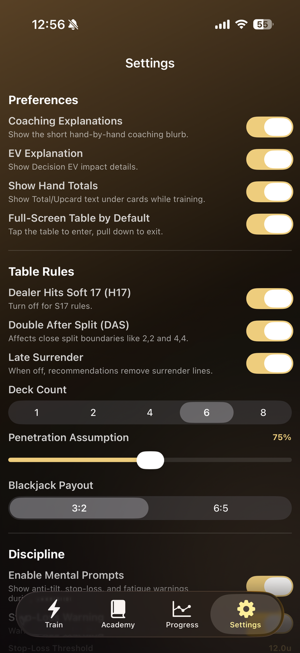 BlackJackal settings with coaching toggles and table rules