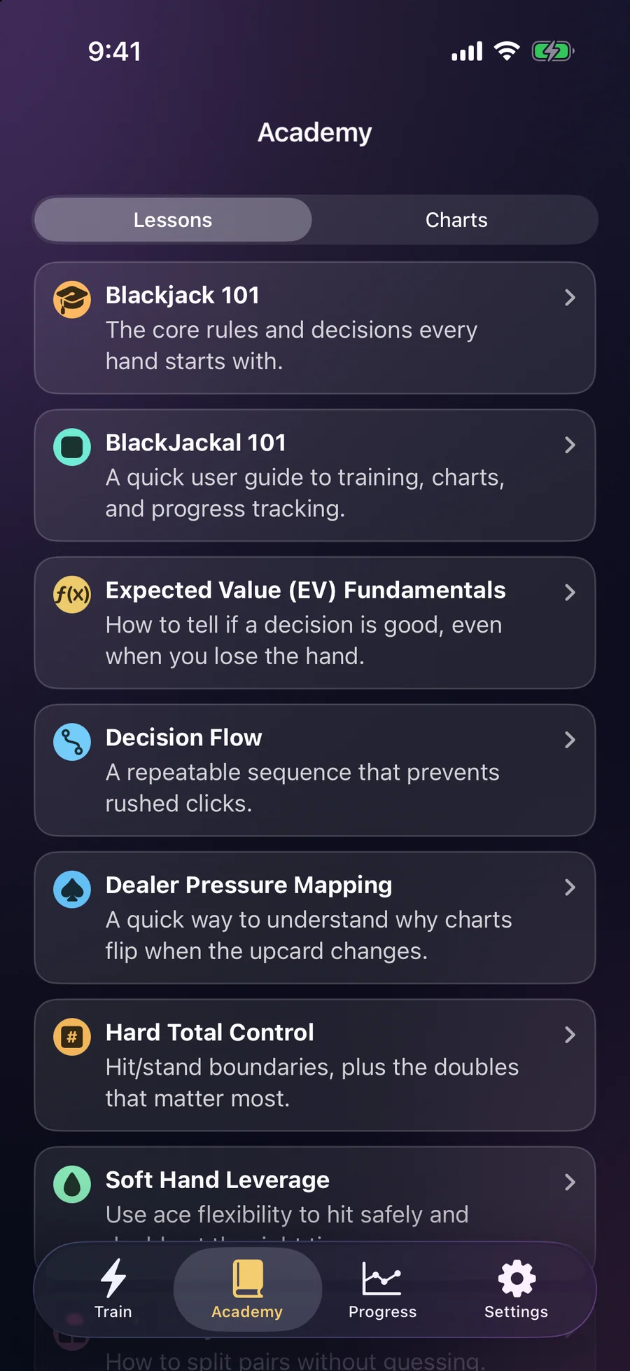 The BlackJackal Academy: lessons including Blackjack 101, Expected Value Fundamentals, Dealer Pressure Mapping, Hard Total Control and Soft Hand Leverage.